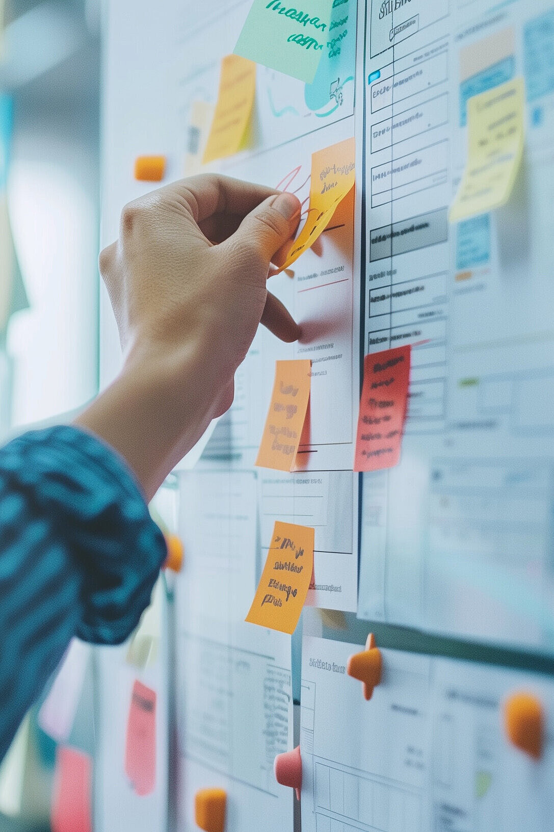 Kreative Projektentwicklung im Team Hand klebt farbige Notizzettel auf eine Projektwand